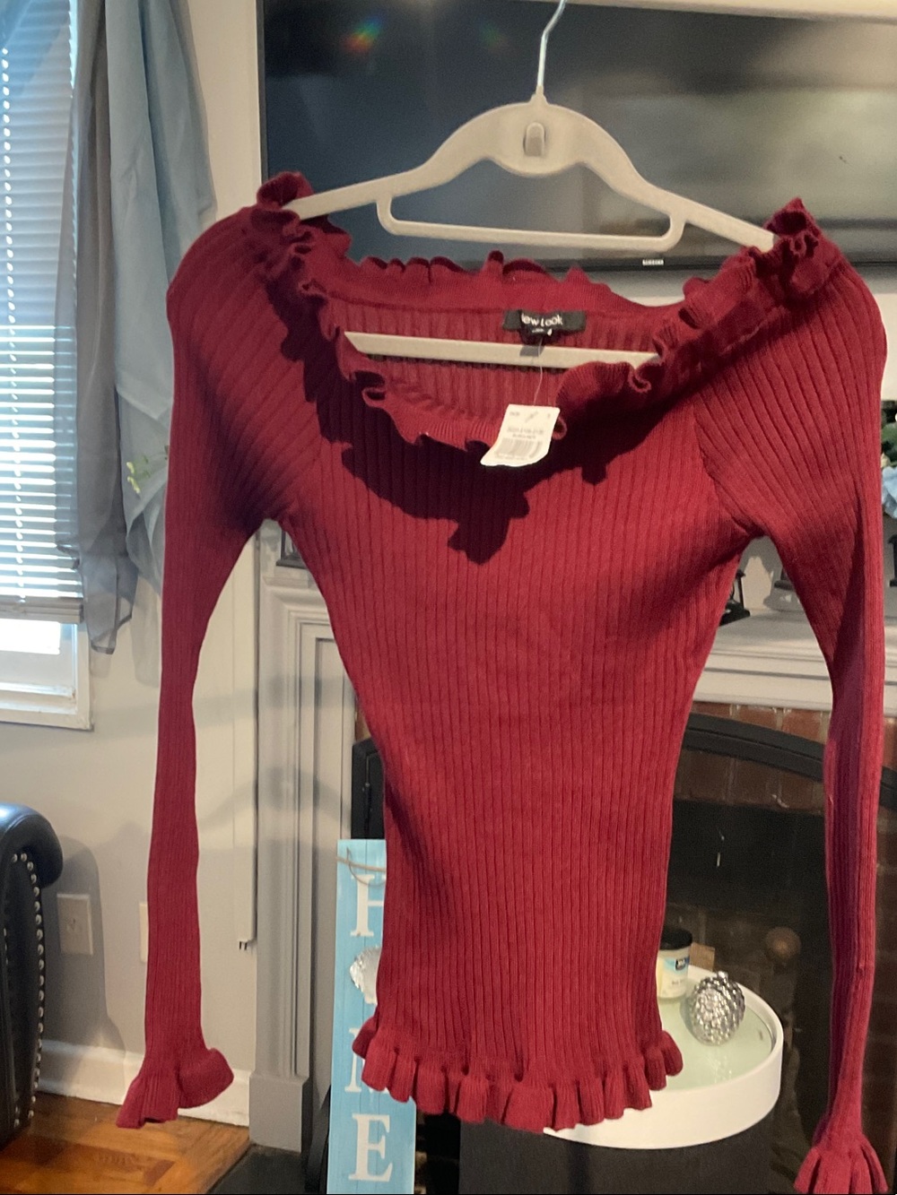 New Look Ribbed Ruffle Off-Shoulder Top - Wine